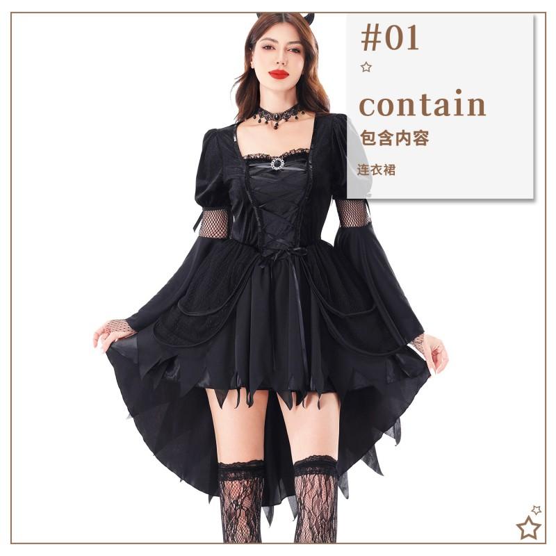Gothic Witch Costume Women Halloween Party Dress With Hat Accessories Sexy Stage Performance Outfit