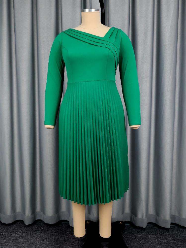 Elegant Women Plus Size A Line Midi Pleated Dress Asymmetrical Neck Long Sleeve High Waist Office Church Christmas Party Outfit