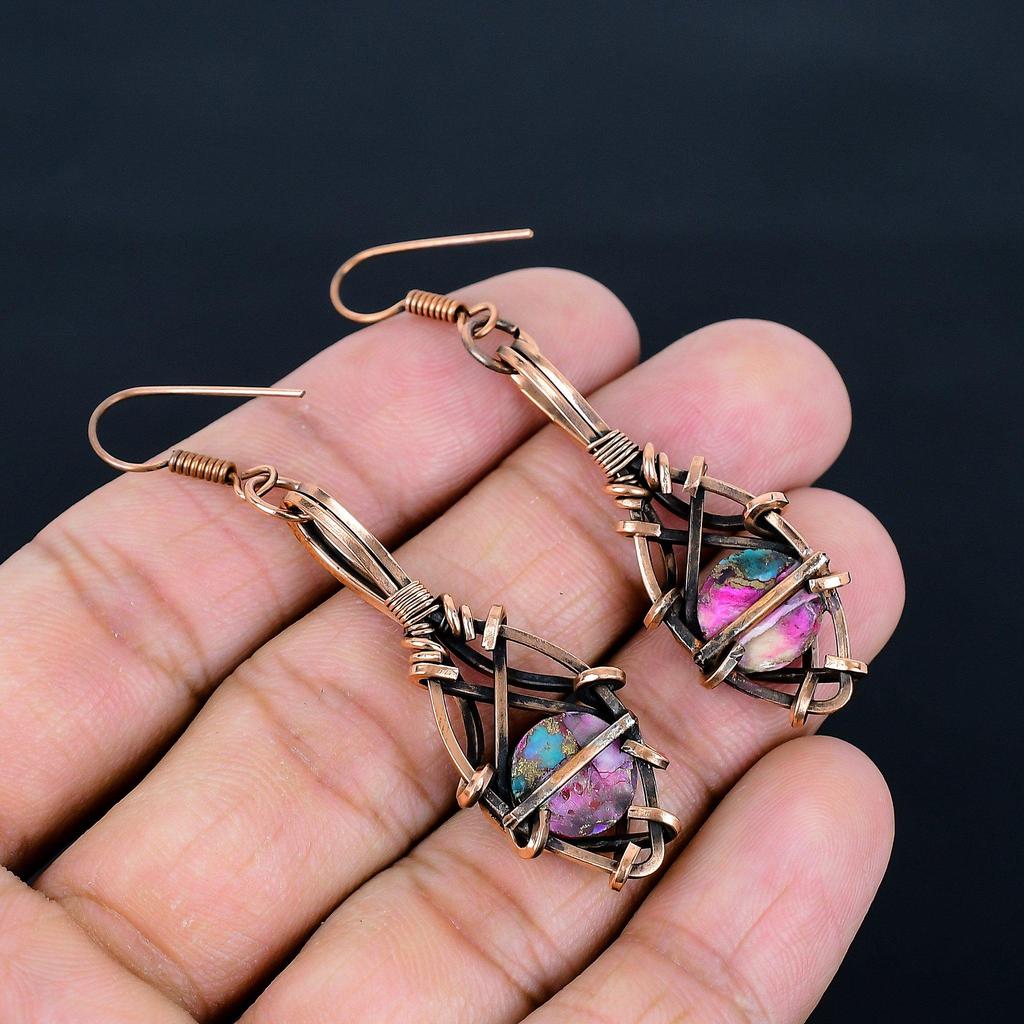 Pink Spiny Oyster 999 Copper Wire Wrapped Earrings, Handmade Gemstone Jewelry Earrings, For Memorial Day