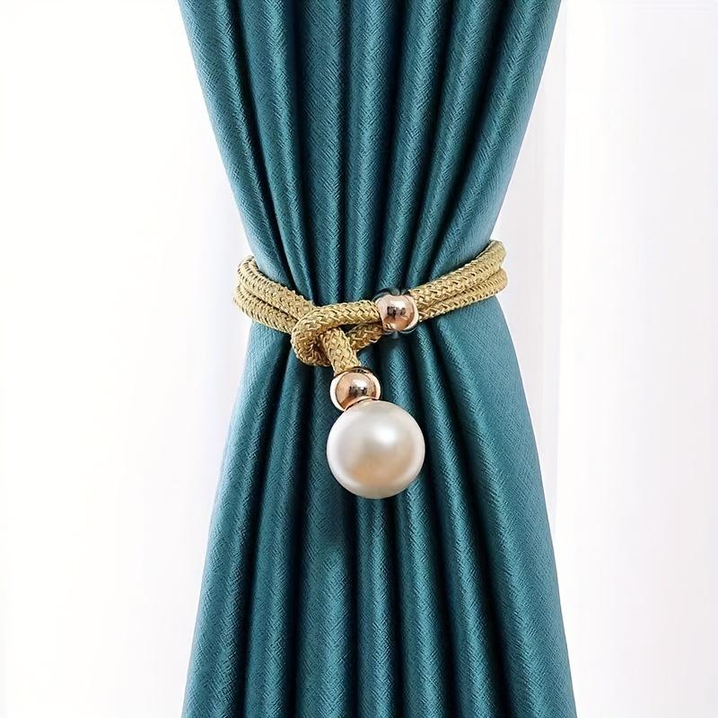 2 Stück Deluxe Französische Raffhalter mit glänzenden Kunstperlen-Akzenten - Elegantes Polyester, kein Bohren, verstellbare Kordel für exquisite Heimdekoration