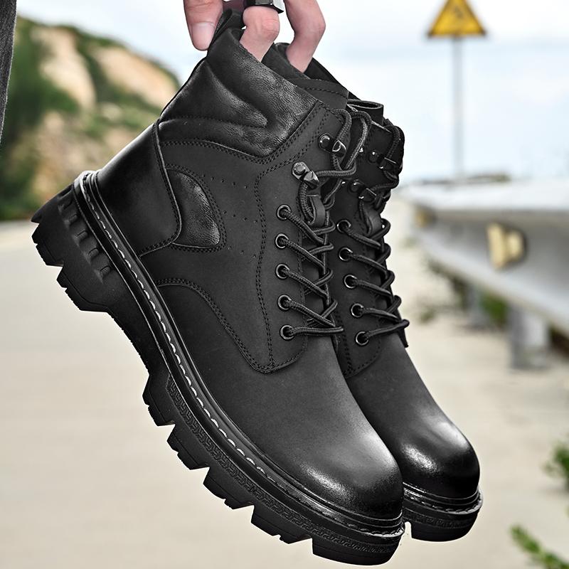 Męskie Botki Skórzane Sznurowane Botki Jesienne do Kostki Buty Męskie Platforma Antypoślizgowe Outdoorowe Buty Robocze Buty Motocyklowe