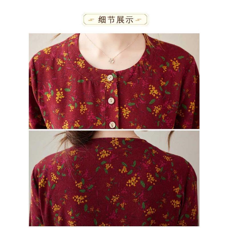 Neues bedrucktes Kleid im Ethno-Stil mit Rundhalsausschnitt und langen Ärmeln, locker