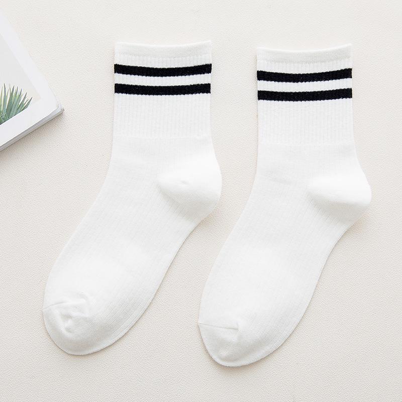 Japanese Style Women's Mid-Calf Cotton Socks - Double Stripe, Solid Color, Academy Style