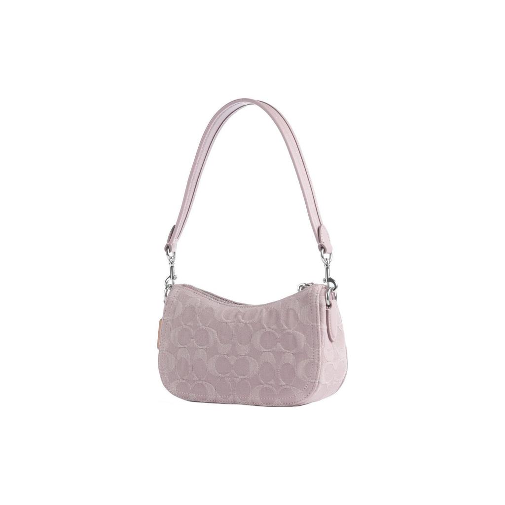 Coach Swinger 20 Letter Logo Zipper Embossed Print Canvas And Denim Leather Half Moon Saddle Handbag Women Handbags Pink CJ939-LHPPU