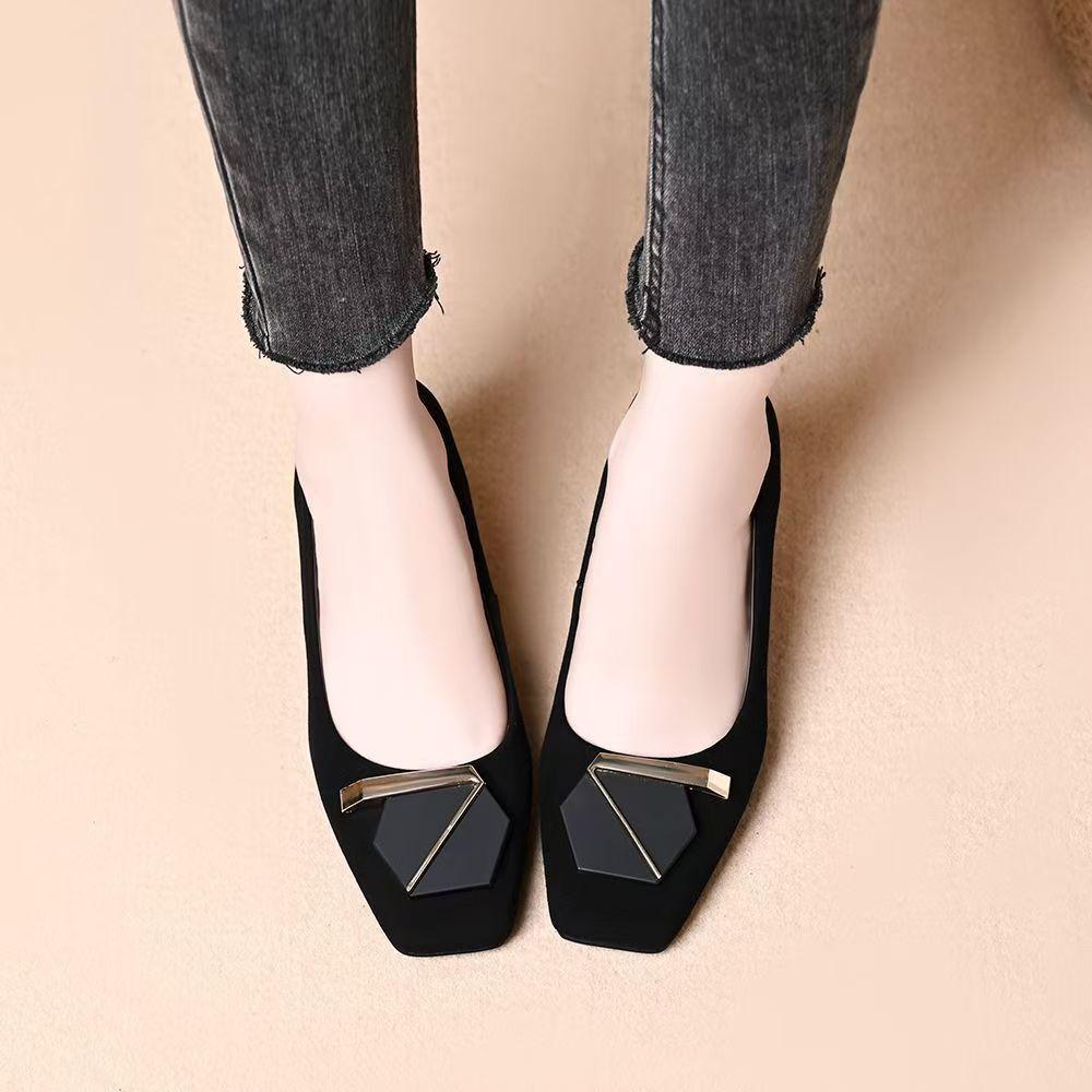 Coarse Heel Suede Light Mouth Single Shoes 2025 Autumn New Square Head Seven-character Buckle One Pedal Low Top Lightweight Popular Women's Shoes