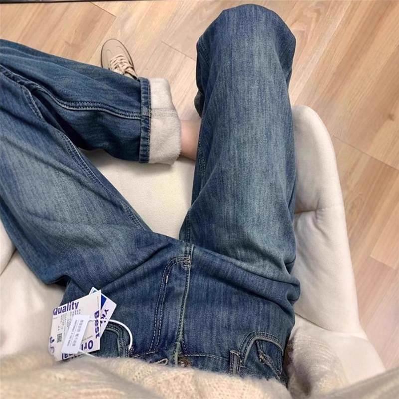 Korean Retro Style Women s High Waist Velvet Jeans - Winter 2025 Collection, Slim Straight Leg L