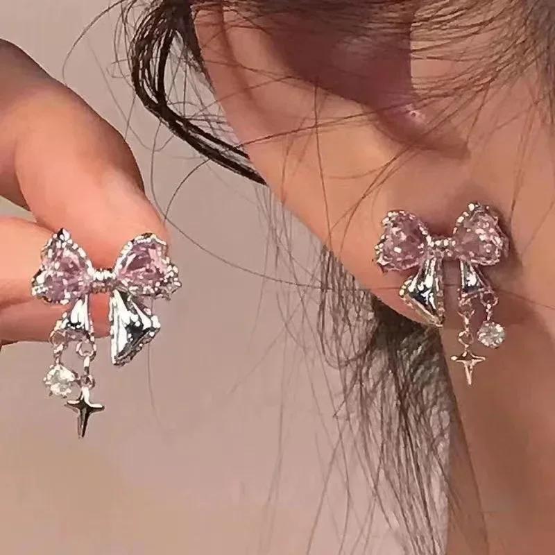 Korean Bows Zircon Stud Earrings for Women Trendy Cute Pink Crystal Earrings Y2k Bowknot Earring Girl Party Jewelry Gifts