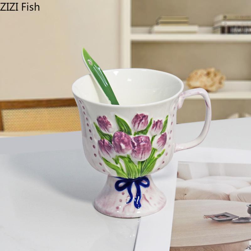Enamel Rose Relief Cup&saucer Porcelain Coffee Mug Dining Table Flower Decorative Mugs Afternoon Tea Teacup Fruits Juice Cup