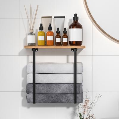 Wall Mounted Towel Holder with Wood Shelf Strong Load-bearing Easy To Install Multi-functional