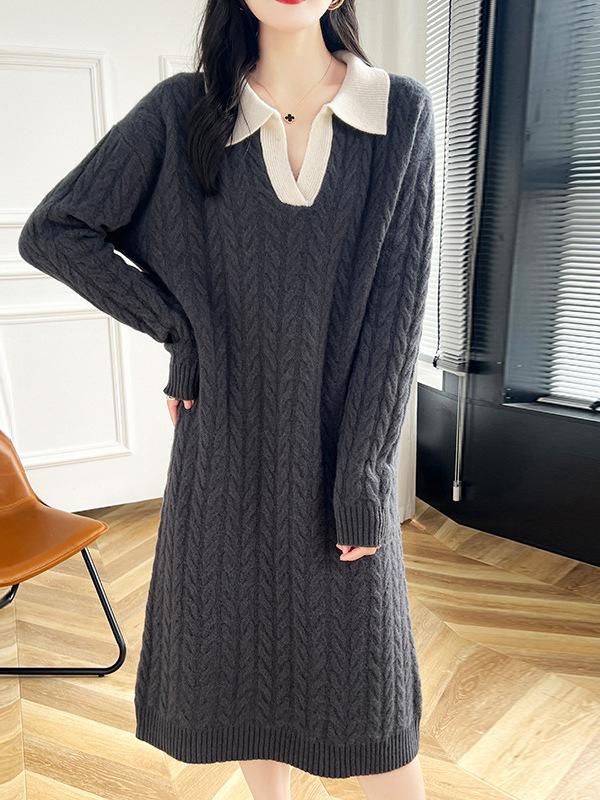 Women's Long Sleeve Knee-Length Cable Knit Polo Dress - Autumn 2024 Collection.