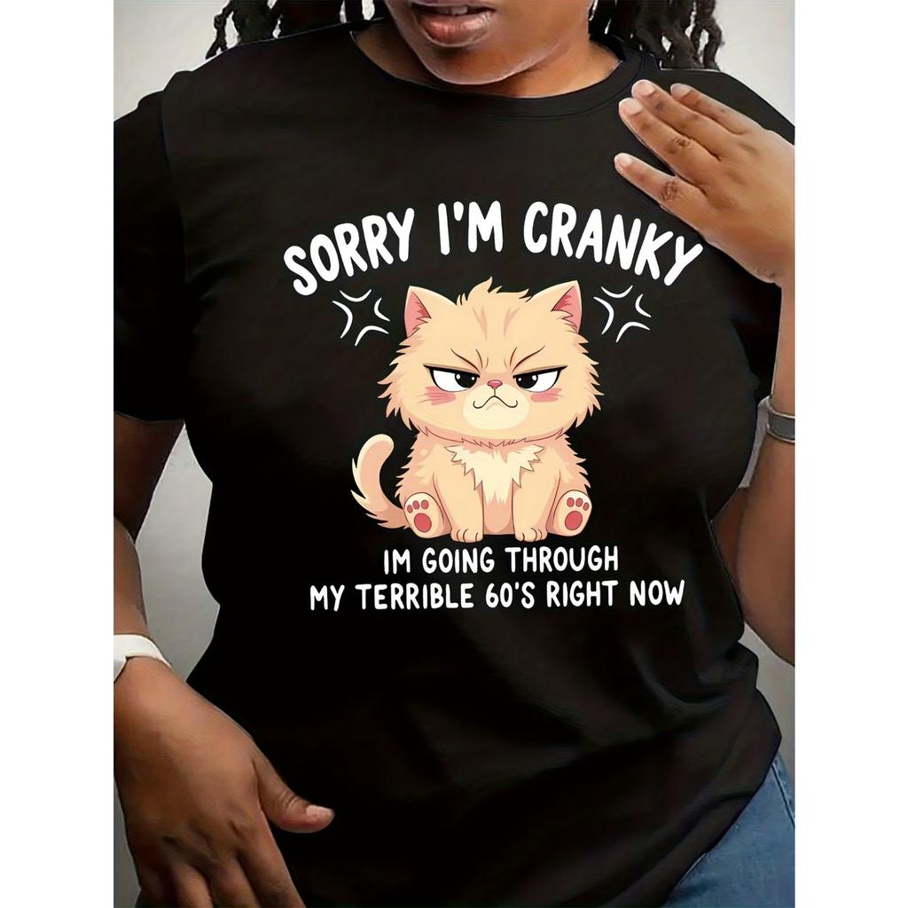 Fun Angry Cat Pattern Print - Spring and Summer - Casual Round Neck Short Sleeve Women'S Top T-Shirt