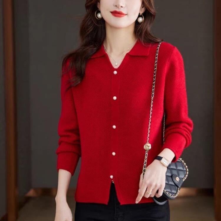 Women Autumn Winter Loose Lapel Sweater Pullover Knitted Base Top for Women