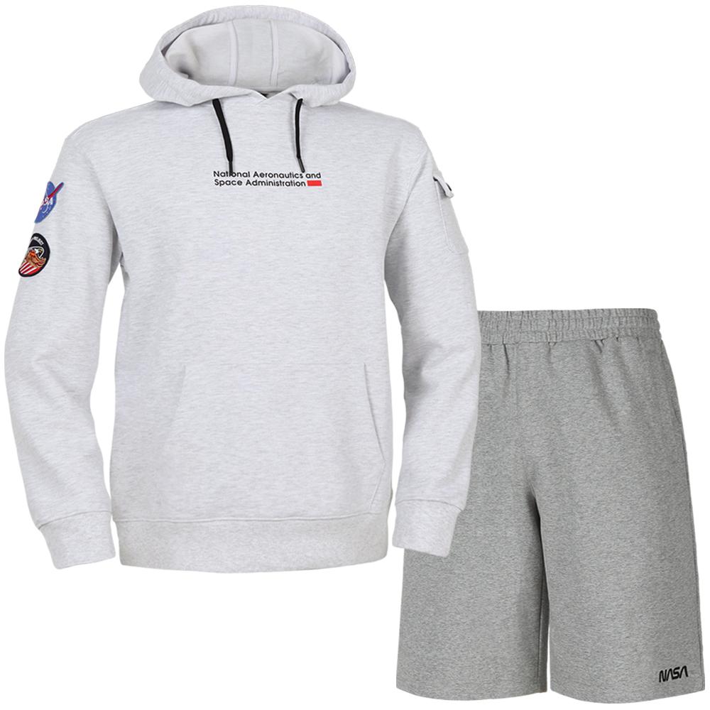 Nasa Unisex Standard Sweatshirt With Wappen Hoodie + Knee-Length Cotton Shorts Set [Melange White + Light Melange] 95