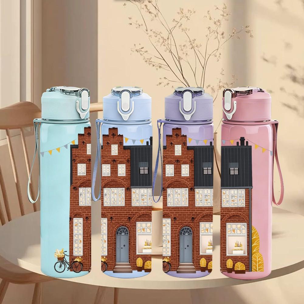 1PC Brown Building House 750ml Color Plastic Sports Water Bottle Leakproof Flip Straw Lid Suitable for Sports Office Home Use