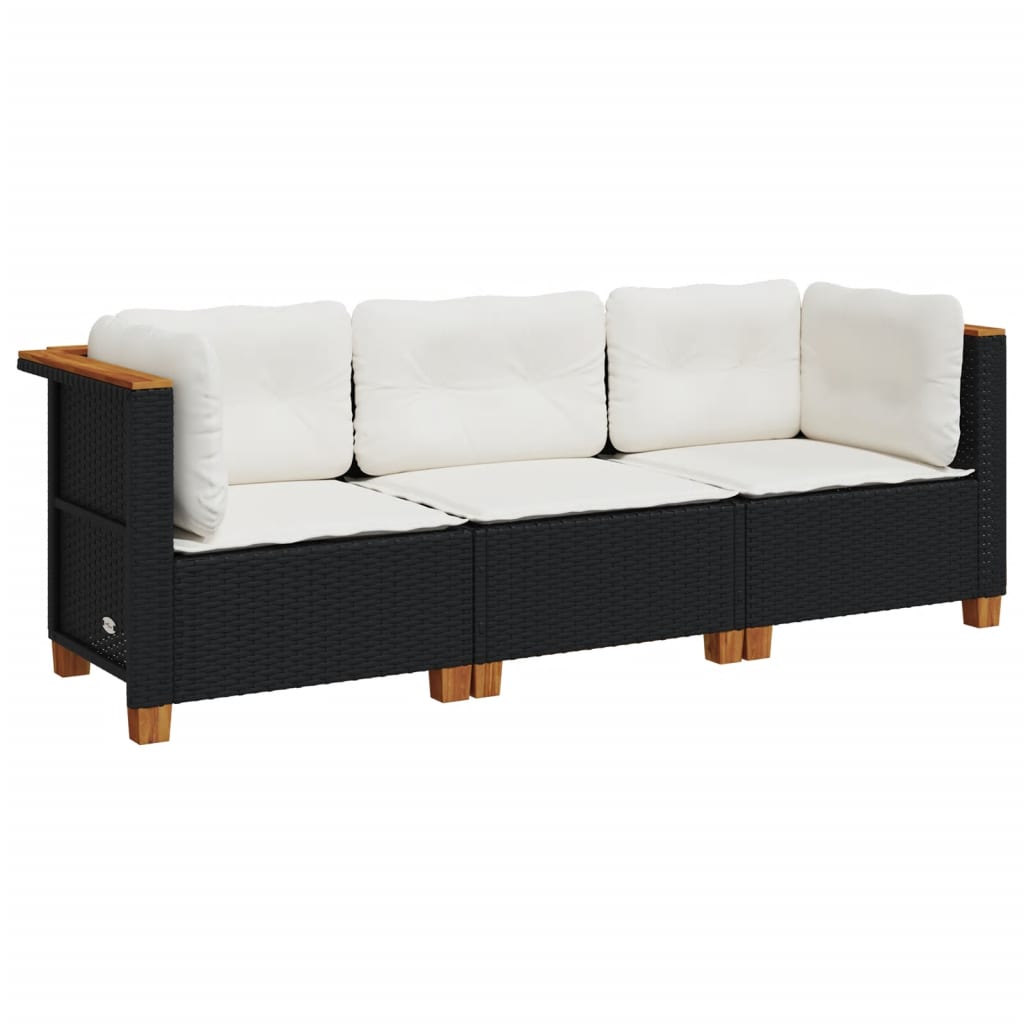 Garden Sofa with Cushions 3 Seater Black Poly Rattan