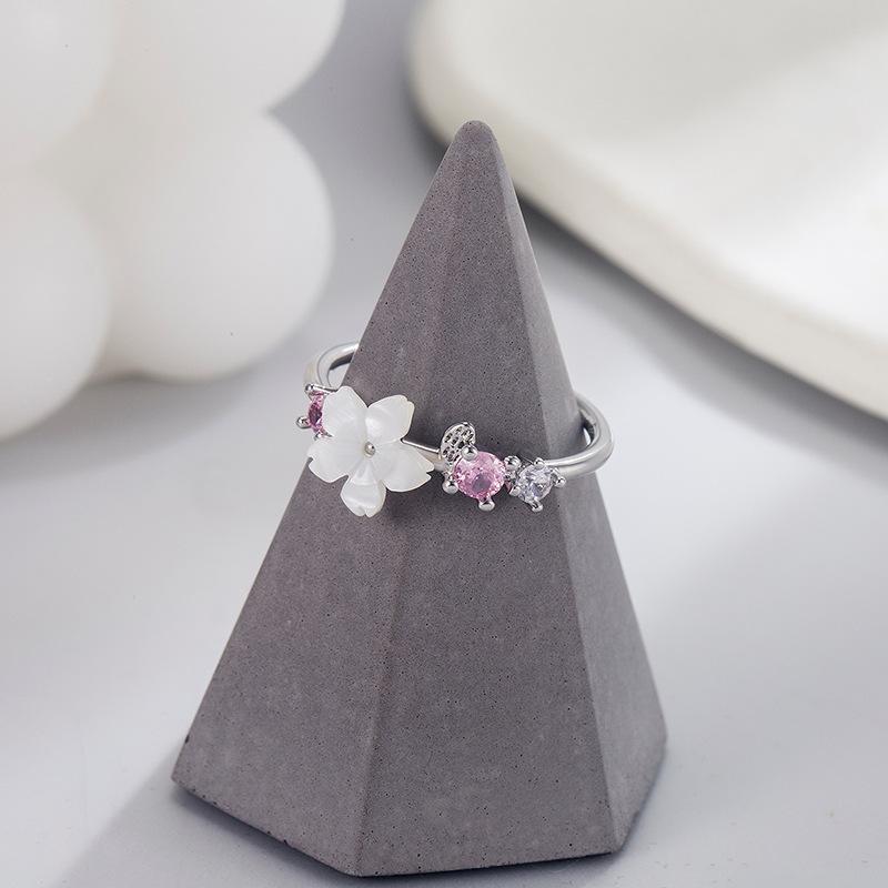 Rosa romantische Blumenringe für Frauen, glänzender Zirkon, Kirschblütenzweig, Muschel-Fingerring, Hochzeit, Weihnachten, ästhetischer Schmuck