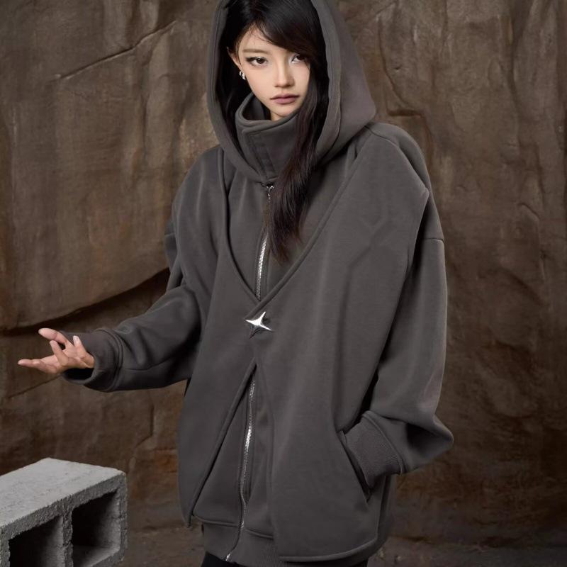 

Унисекс куртка на флисовой подкладке 2024: Воротник-стойка, Застежка на молнии, Длинный рукав, С капюшоном, Повседневный свободный крой, Осень/Зима 2XL темно-серого