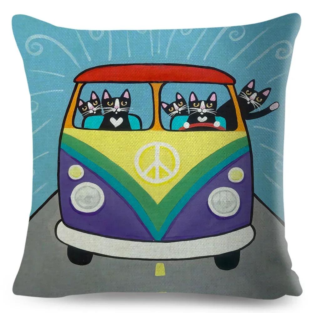 Cartoon Driving Car Cat Cushion Cover Decor Cute Pet Animal Pillowcase Polyester Pillow Case for Sofa Home Children Room