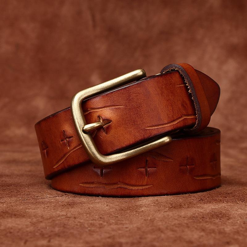 Men's Leather Belt Full Hole Vintage Distressed Knife for Handcraft Cut Genuine Leather Fashion Personality Trend First Layer Cowhide Belt
