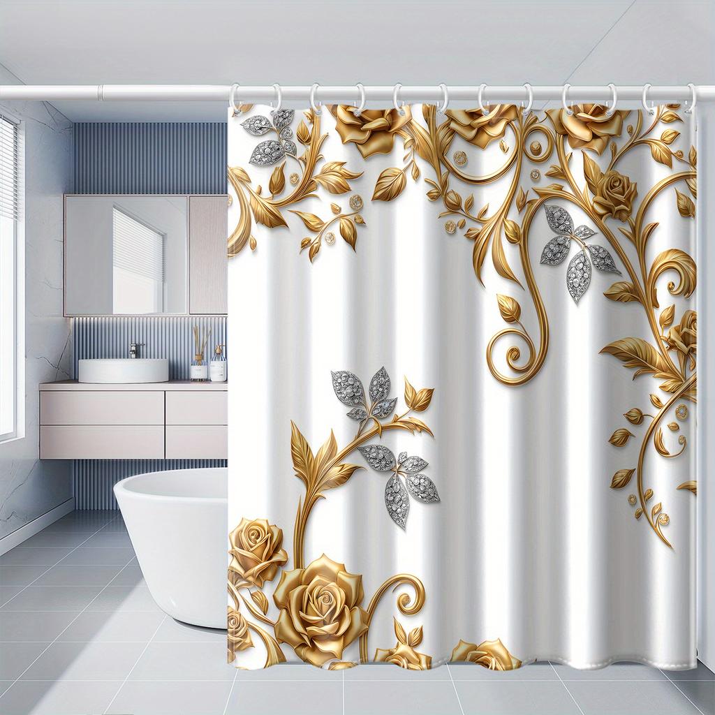 Elegant Gold and White Floral Waterproof Shower Curtain – Perfect for Adding a Luxurious and StylishTouch toYour Bathroom Decor