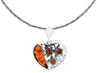 Short Silver Women's Openwork Necklace Heart With Amber Flowers Choker 38
