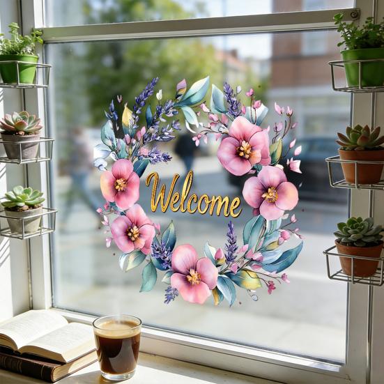 Spring Flower Wreath Window Cling Tulip/Sunflower/Rose Flower Static PVC Sticker Removable Glass Decals for Home Office Shop