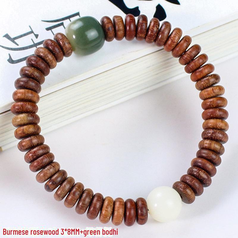 Handcrafted Wooden Bracelet with Burmese Rosewood and Bodhi Root Beads, 3*8MM, Unisex Design for Couples