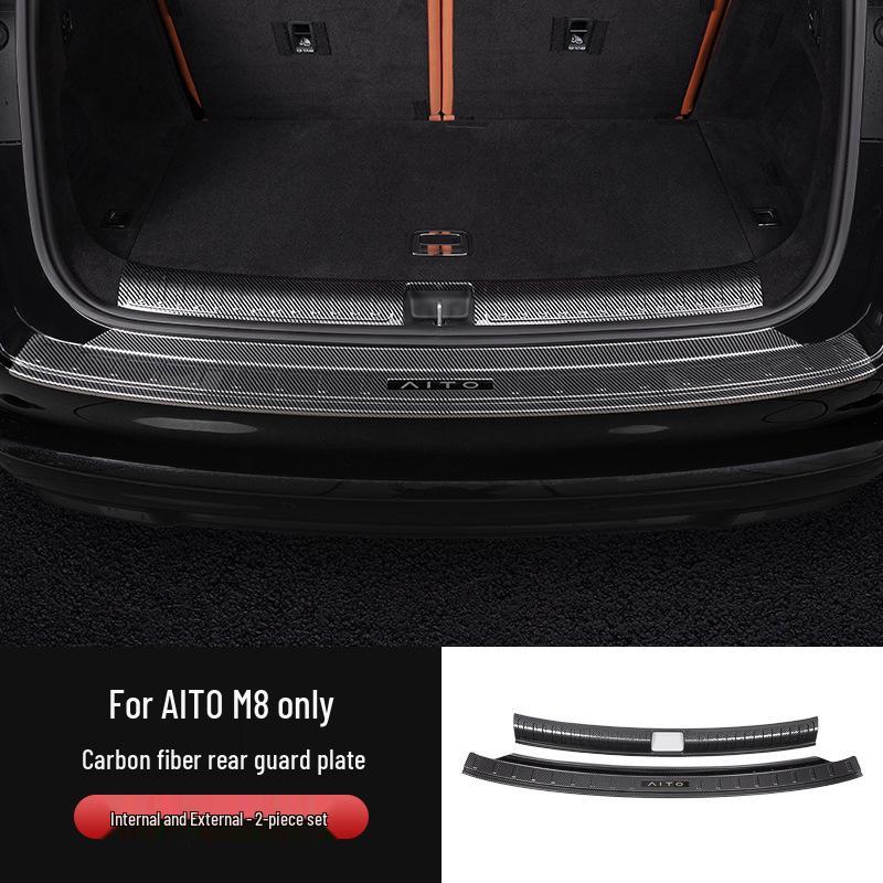 AITO M8 Rear Bumper Cover: Carbon Fiber Texture/Stainless Steel Tailgate Sill Plate - Dirt & Scratch Resistant.