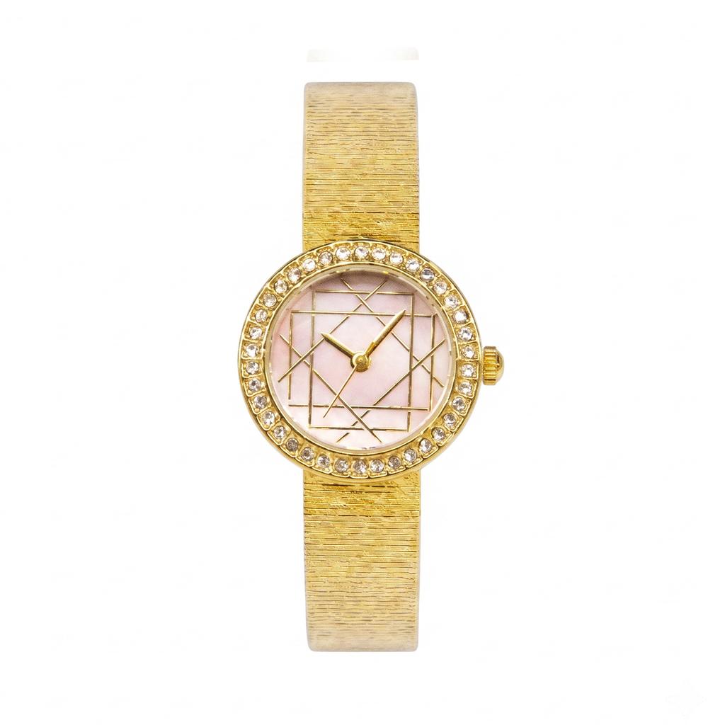 Round Quartz Watch For Women Rhinestone Bezel Geometric Line Dial Textured Mesh Strap Elegant Daily Waterproof Wristwatch