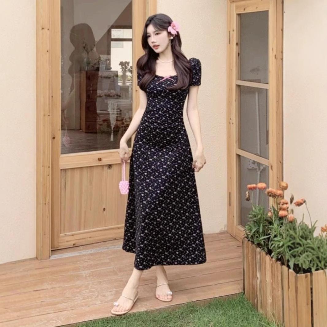 

Summer new French style black floral dress small women sexy backless waist hip long dress XL