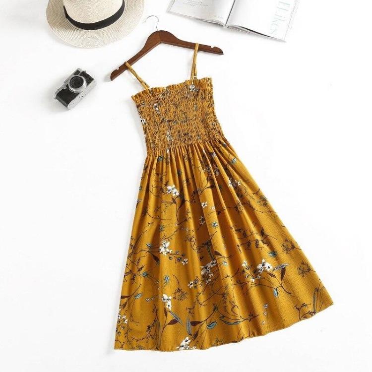 2023 Sommer Blumenbedrucktes Chiffon Mini Kleid Damen Lässig Mode Spaghetti Träger Ärmellos Elastisches Hochtaillenkleid