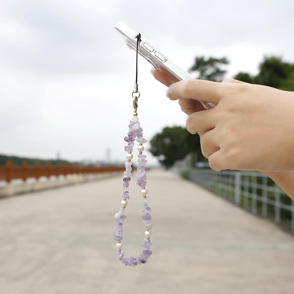 Amethyst Chip Beaded Phone Lanyard - Handmade Women's Natural Stone Strap