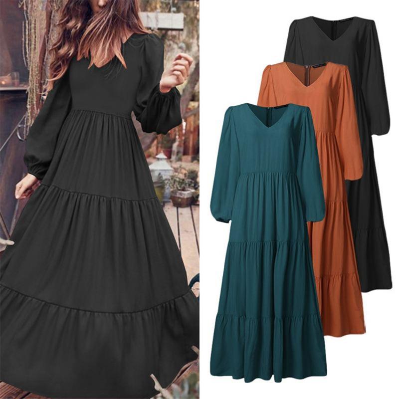 Women S Vintage Ethnic Style Pleated Long Dress V Neck Long Sleeve Loose Fit Solid Color