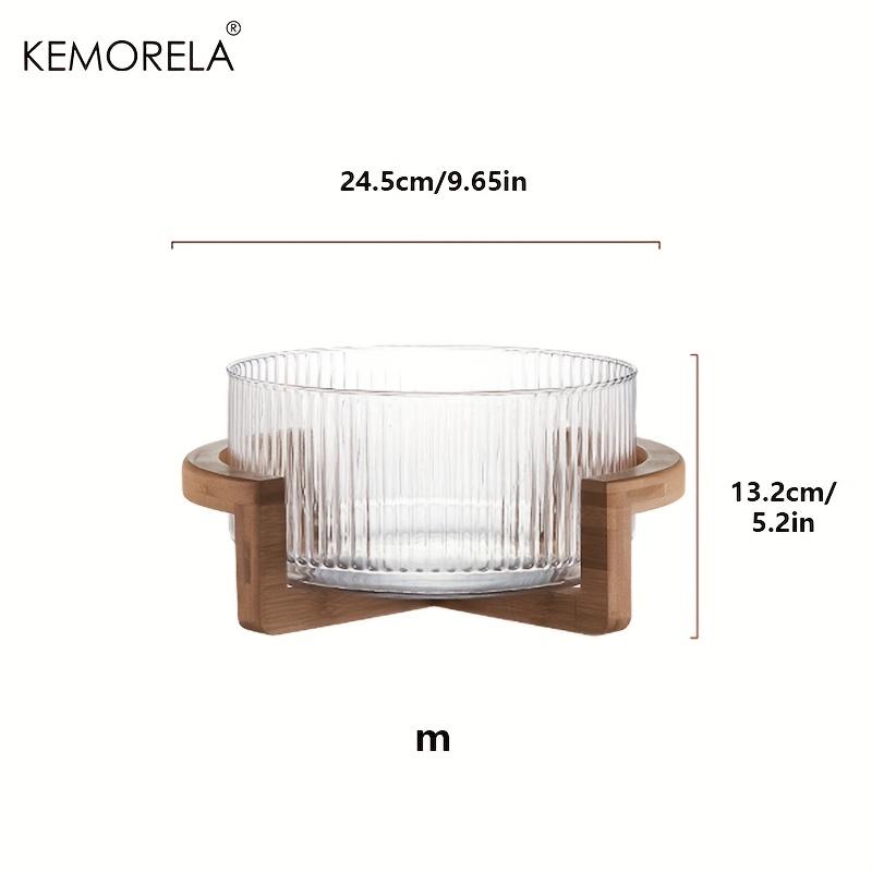 KEMORELA Striped Glass Bowl with Wooden Stand Scratch-Resistant Round Salad Fruit Dessert Display for Living Room