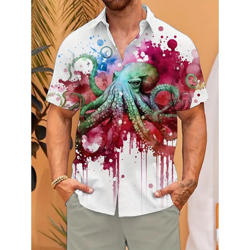 Hawaiian Men's Short Sleeve Shirt Summer Seaside Resort Men's Casual Shirt Beach Party Short Sleeve Shirt Marine Animal Print
