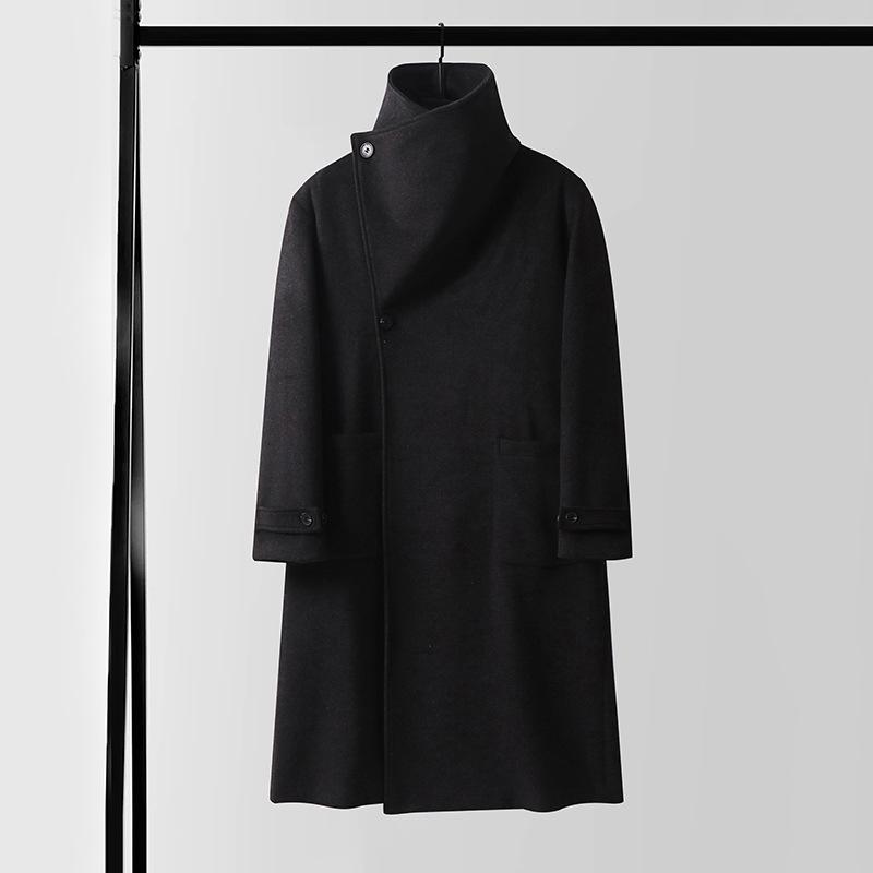 Men's Asymmetrical Long Cashmere Coat with Stand Collar and Belt - Plus Size, Loose Fit Outerwear for Autumn and Winter.