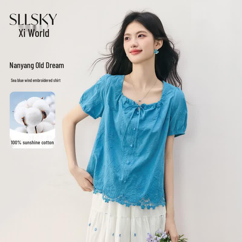 Sllsky Women s French Style Embroidered Puff Sleeve Blouse M