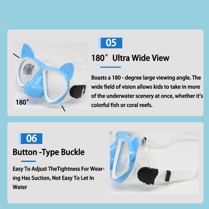 Kids Cartoon 3D Ears Snorkeling Mask Goggles, Tempered Glass Lens, Leak - Proof, Silicone Gear for Swimming & Floating Diving