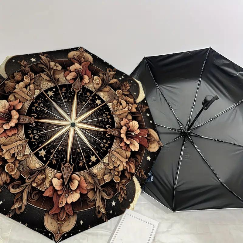 1PC Floral CompassAutomatic Open/Close Umbrella with Windproof, 8-Rib Sturdy Canopy, Durable Ribs, Fashionable Design, Outdoor Accessory, Fun Prin, Ho