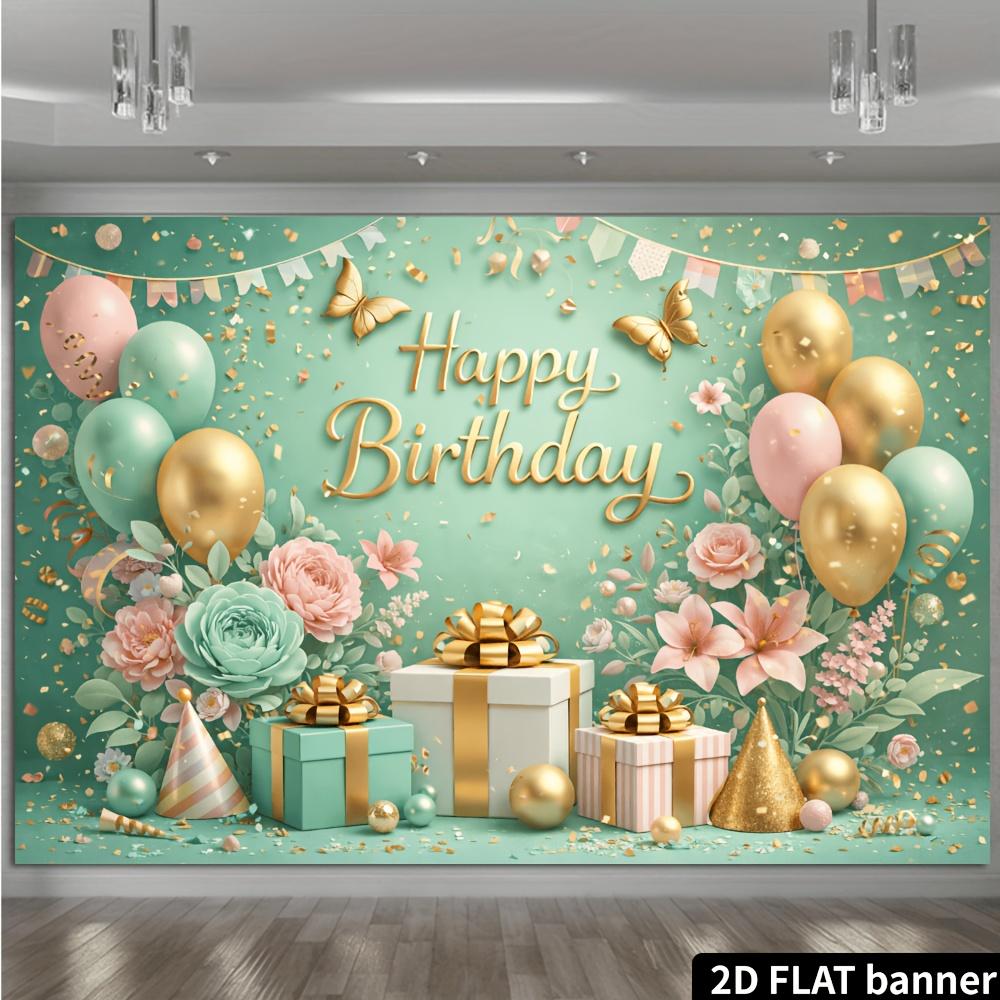 Tissu de toile de fond de fête d'anniversaire plan 2D couleur menthe avec texte en feuille d'or « Joyeux Anniversaire », fabriqué en polyester durable.