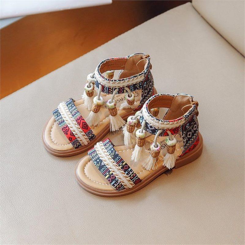 Girls Gladiator Sandals Princess Sweet Kids Beach Shoes Kids Summer Retro Ethnic Traditional Tassels Soft Back