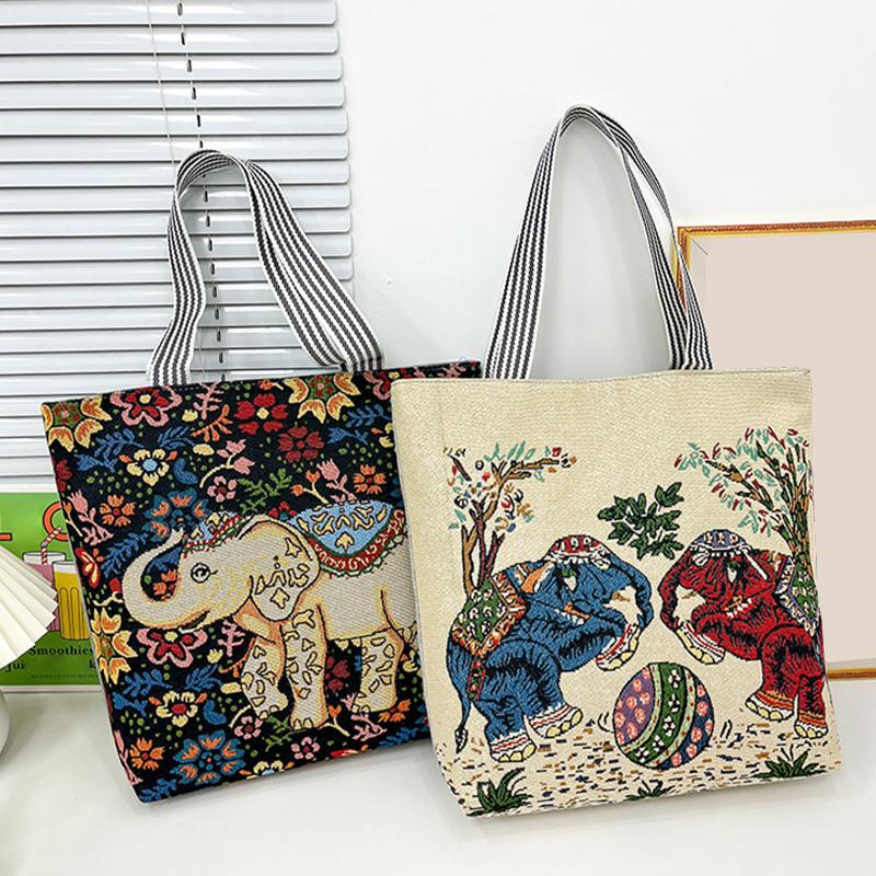 Ethnic Style Handbag Trendy Animal Embroidery Handbag Canvas Women Shoulder Bags Women Grocery Storage Pouch