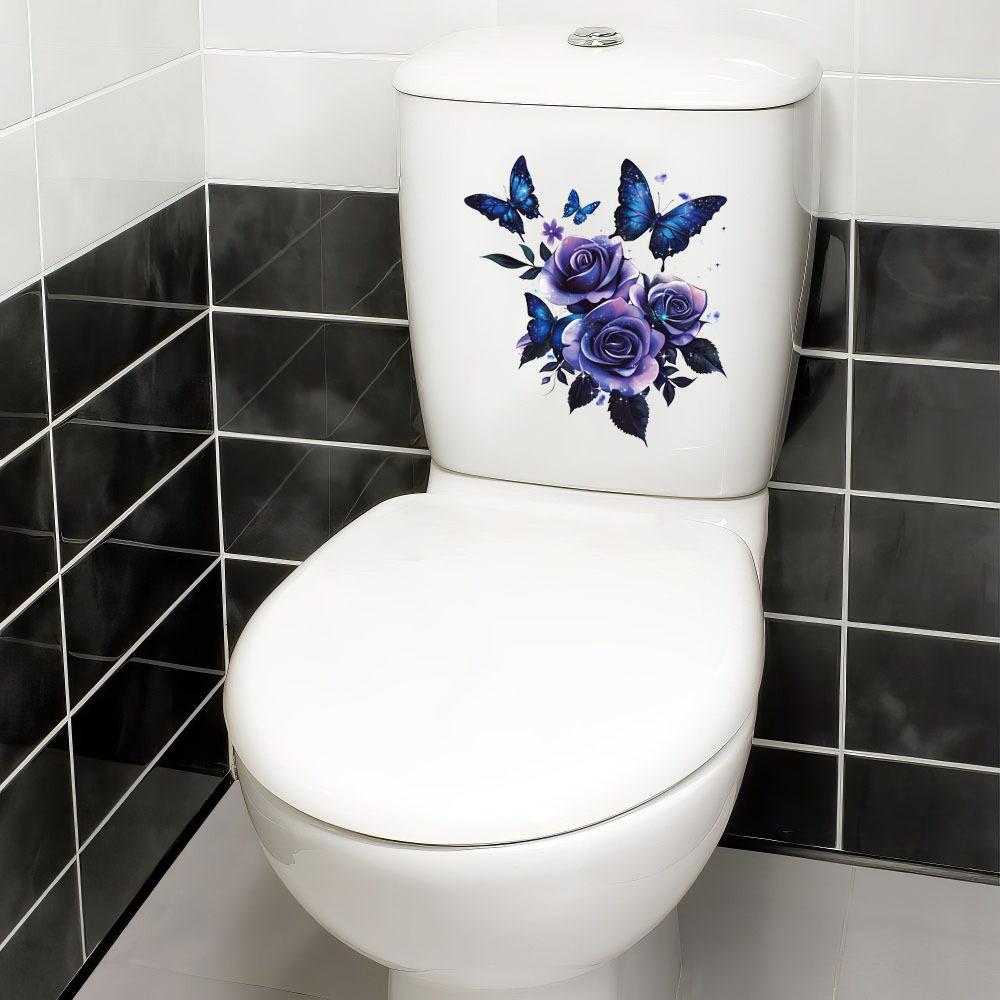 Self-adhesive Waterproof Toilet Seat Stickers Purple Rose Butterfly for Bathroom Decor