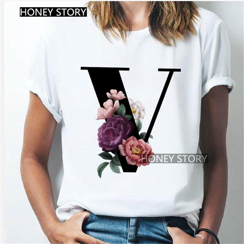 Kawaii English Alphabet Flowers Graphics Female T-Shirt 90S Summer Loose Short Sleeve Round Neck Female Tops Clothing