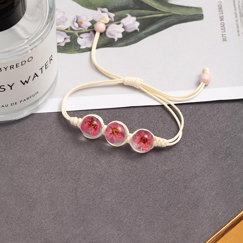 Fresh And Sweet Peach Blossom Bracelet Handmade Woven Girlfriend Dried Flower Bracelet Street Stall Girl Glass Dried Flower Bracelet