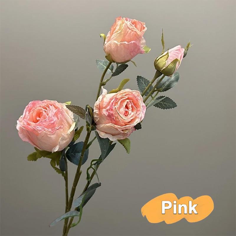 4 Heads Vintage Burnt Edge Silk Roses Retro Artificial Flowers Chic Dried Rose Bouquet For Home Wedding Party Decor