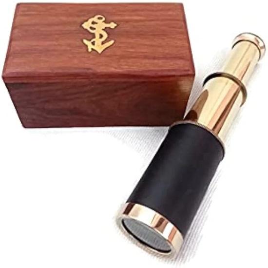 15.24 Cm Brass Telescope with Wooden Box  Mini Handheld Spyglass  Nautical Marine Telescope for Adults