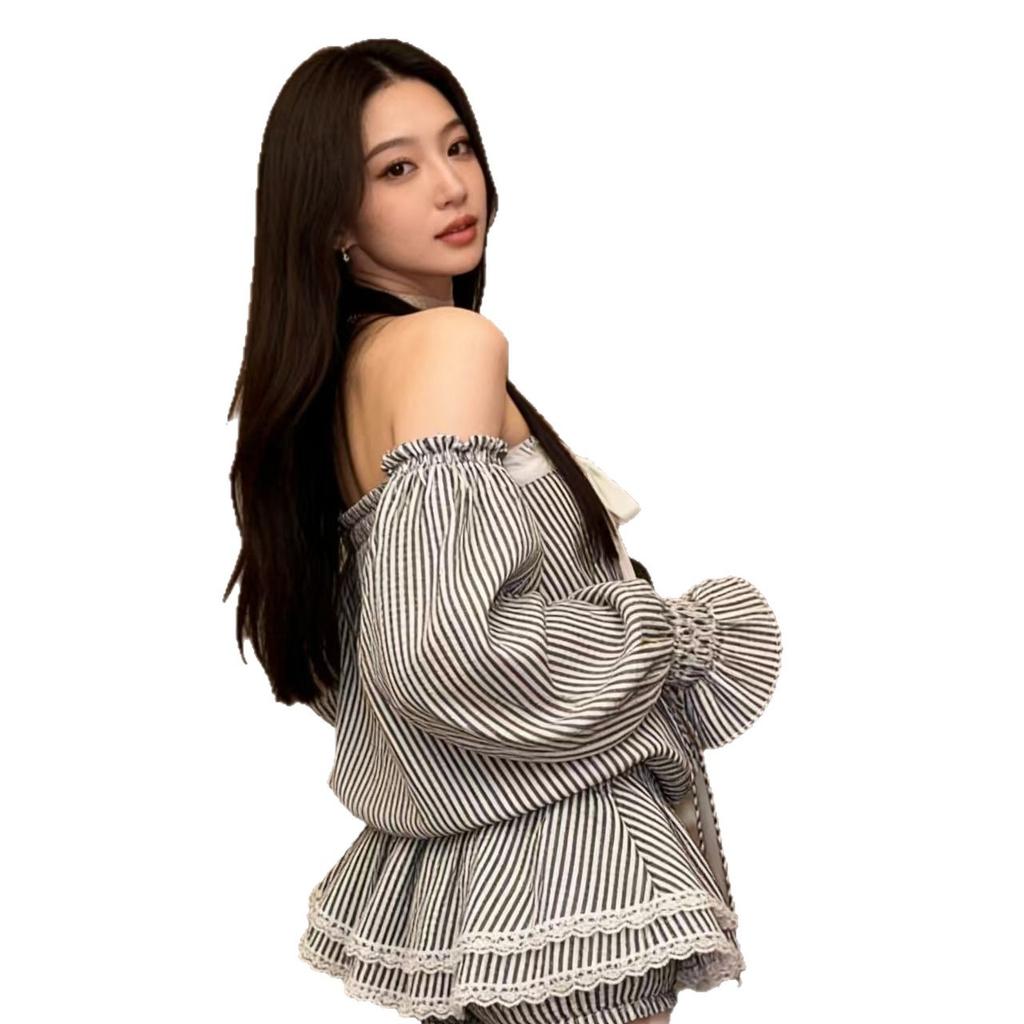 One-word Shoulder Bow Striped Tube Top Dress Women's Summer French Temperament Waist Huge Good-looking Cake Short Skirt