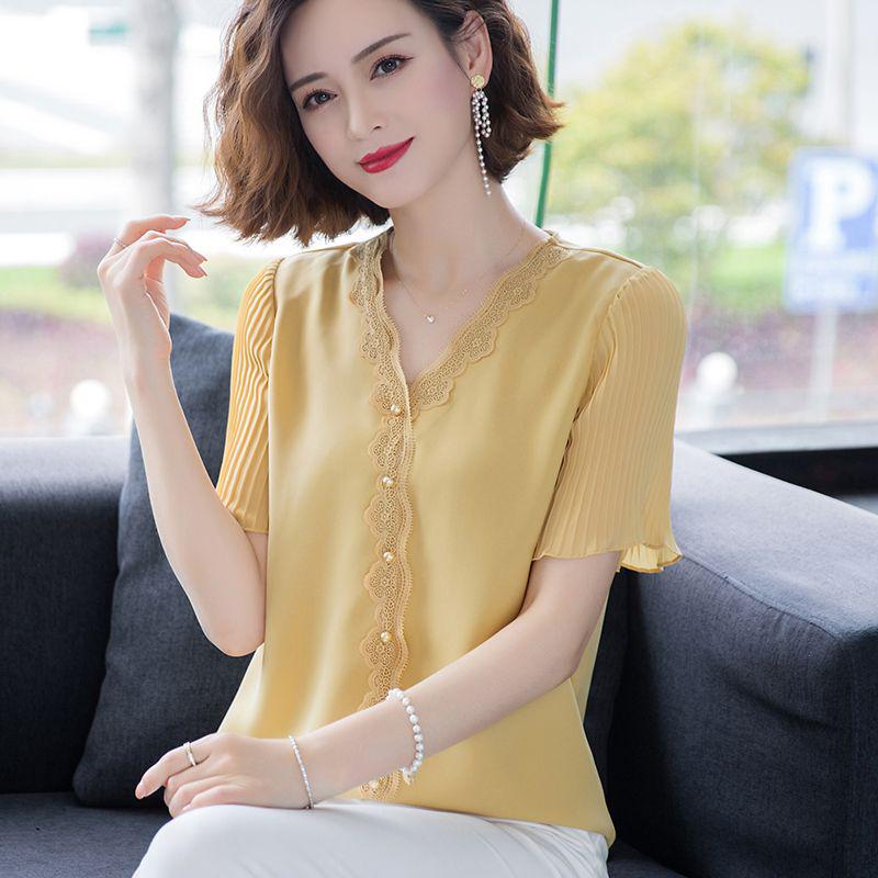 

Elegant Chiffon Short Sleeve T-Shirt Set for Middle-Aged Women (40-50) - Tummy Concealing Summer Fashion M (80-100 lbs)