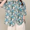 1116 Summer New Women's Lapel Japanese Cotton Shirt Loose Shirt Top Literary and Art Style Printed Short Sleeves